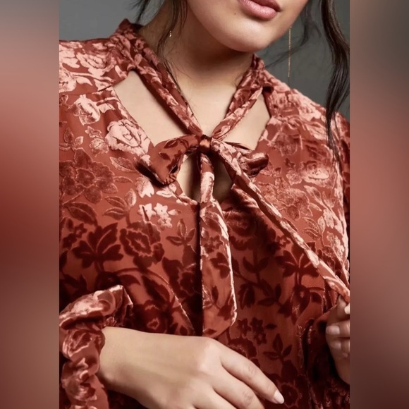 Anthropologie Red Velvet Tie Front Blouse with Relaxed Sleeves - Picture 2 of 9